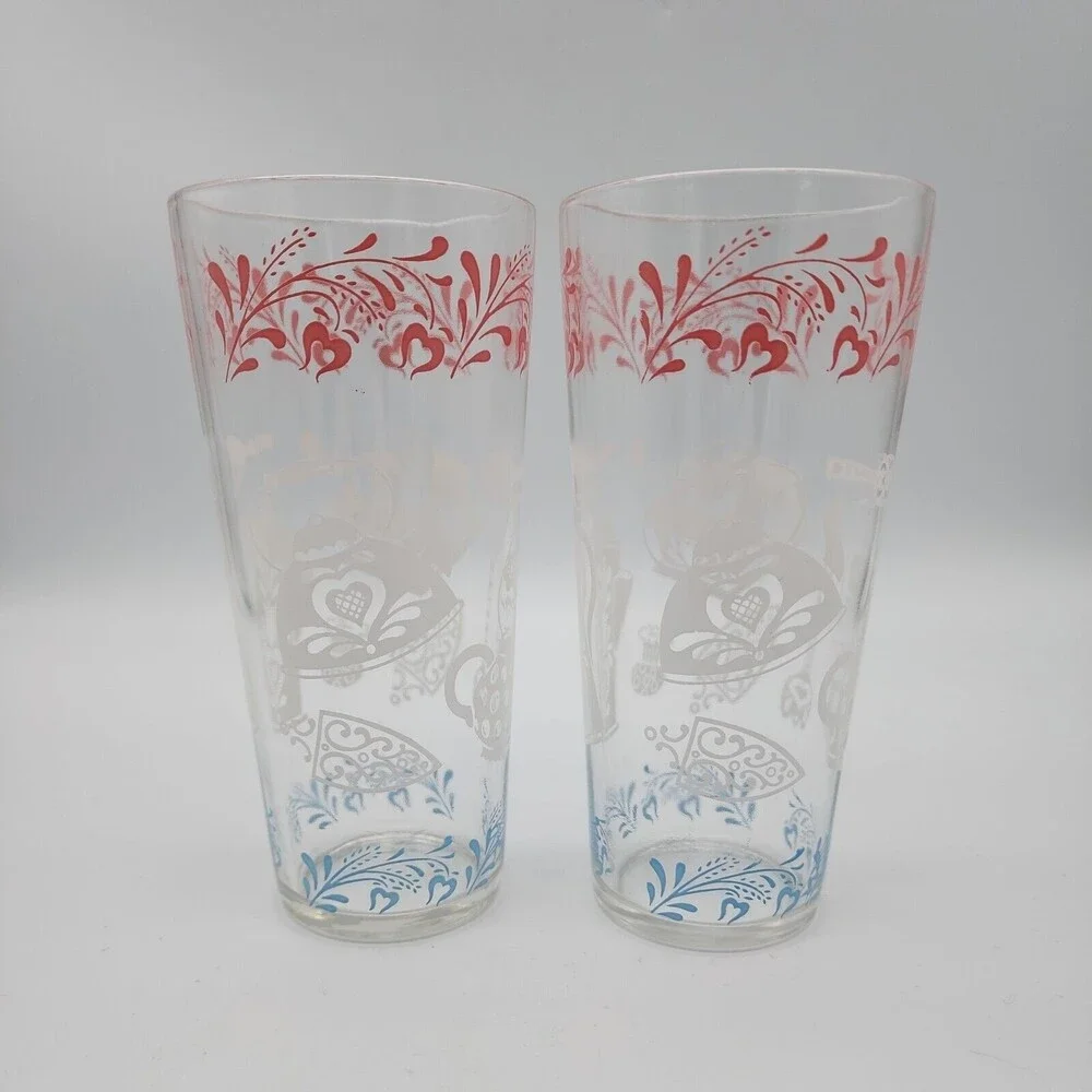 Hazel Atlas Kitchen Aids Iced Tea Tumblers 16oz Drinking Glasses Pink White Blue